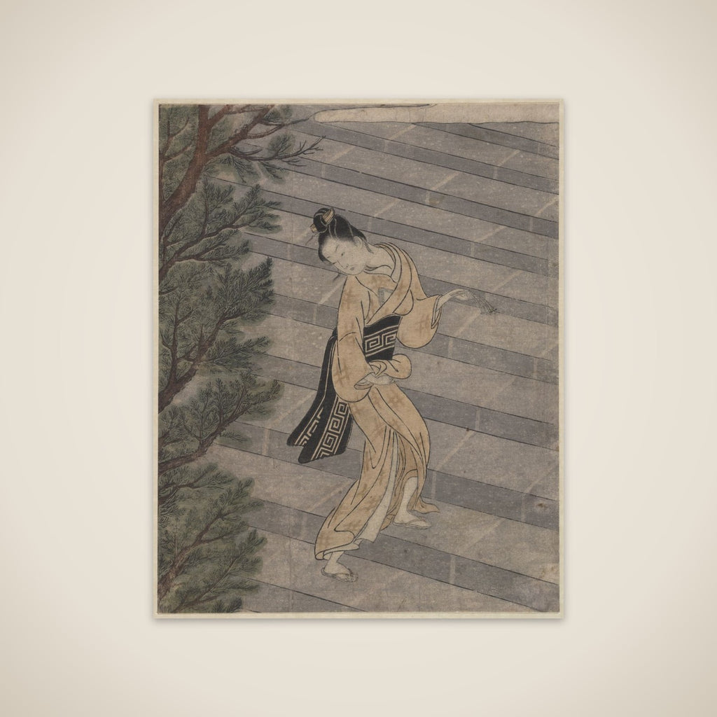 Young Woman Climbing Stone Stairs to a Shinto Temple unframed print