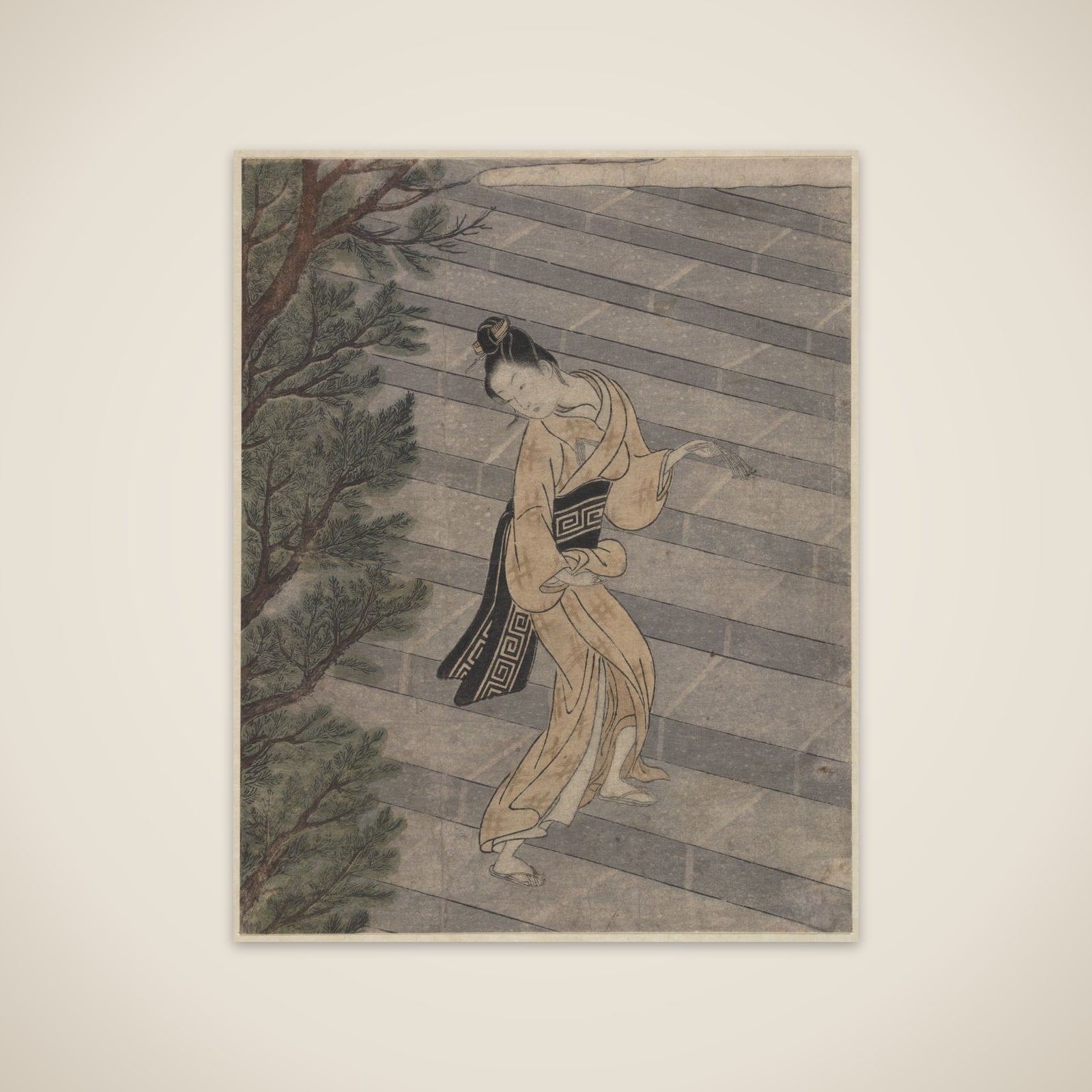Young Woman Climbing Stone Stairs to a Shinto Temple unframed print