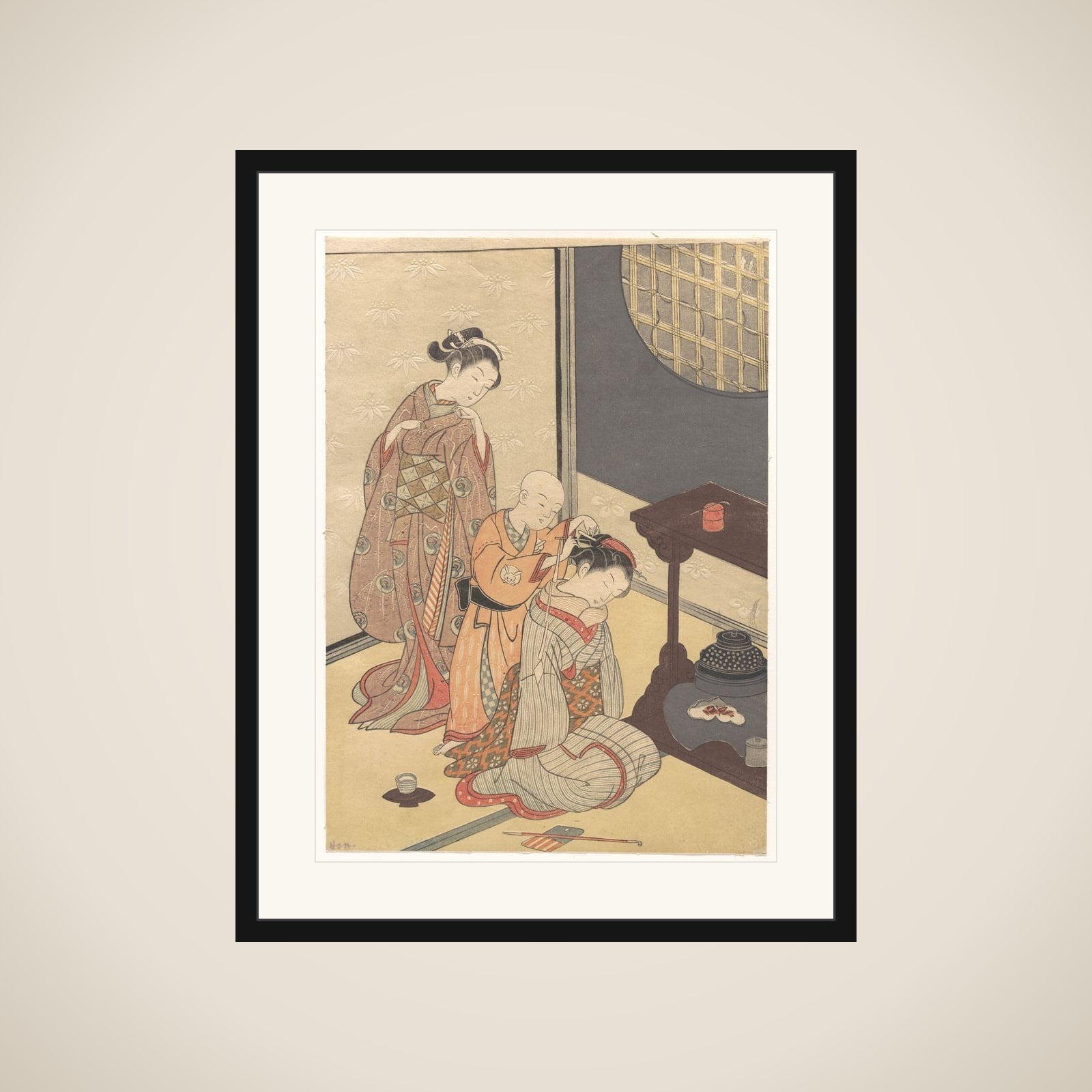 Night Rain at the Double-Shelf Stand, from the series Eight Parlor Views (Zashiki hakkei) framed