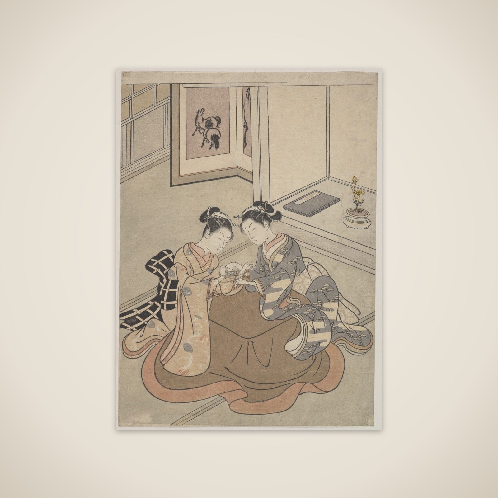 Two Young Women Seated by a Kotatsu Playing Cat's Cradle unframed print