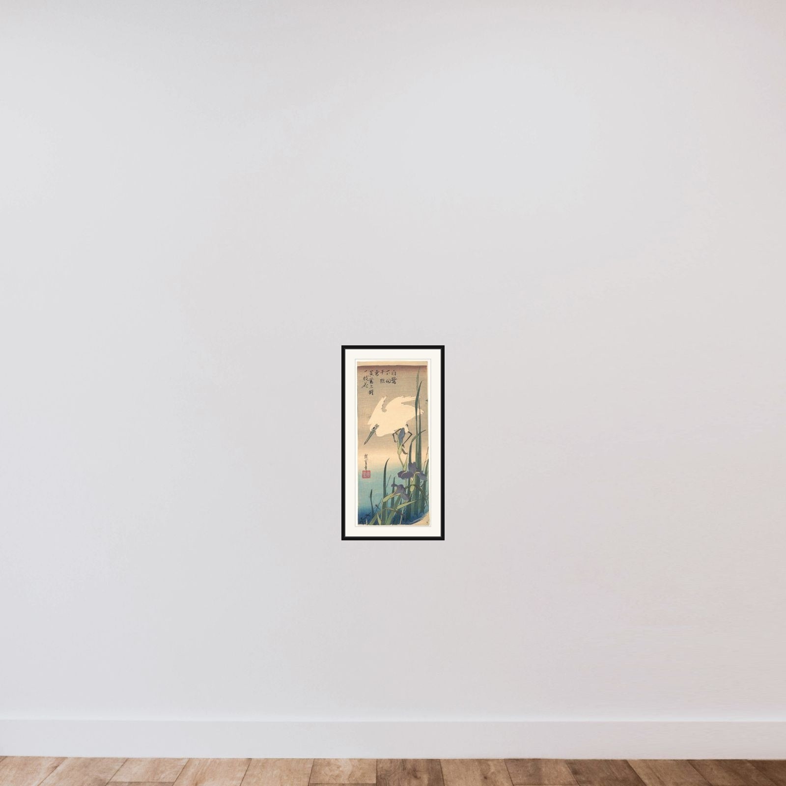 White Heron and Iris framed — shown to scale