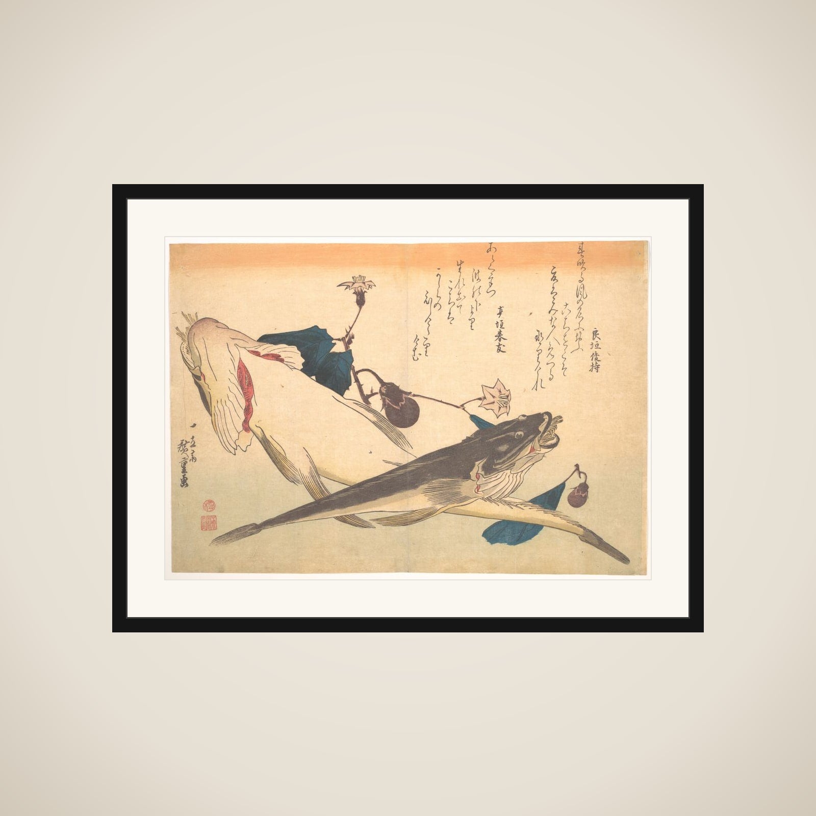 Kochi Fish with Eggplant, from the series Uozukushi (Every Variety of Fish) framed