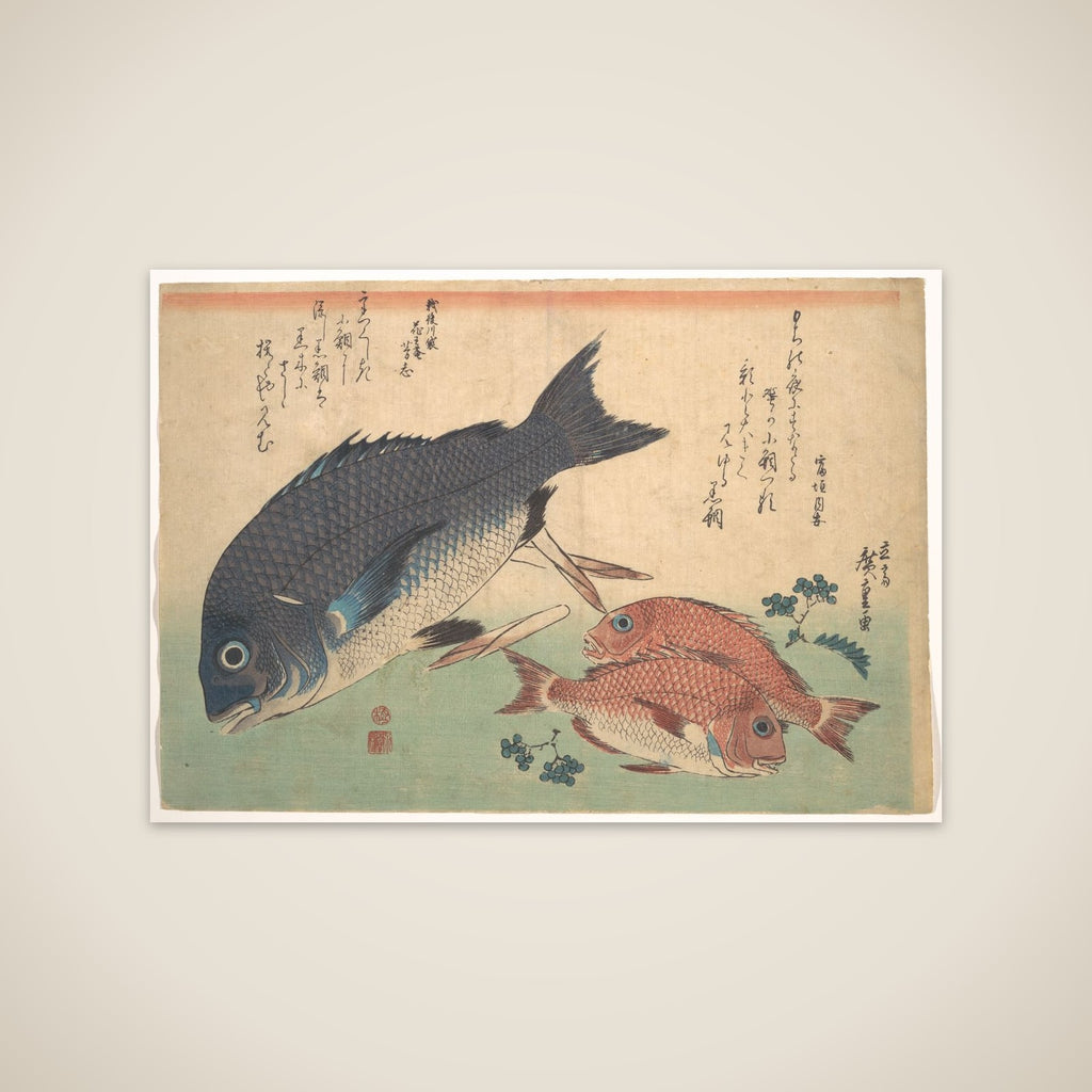 Kurodai and Kodai Fish with Bamboo Shoots and Berries, from the series Uozukushi (Every Variety of Fish) unframed print