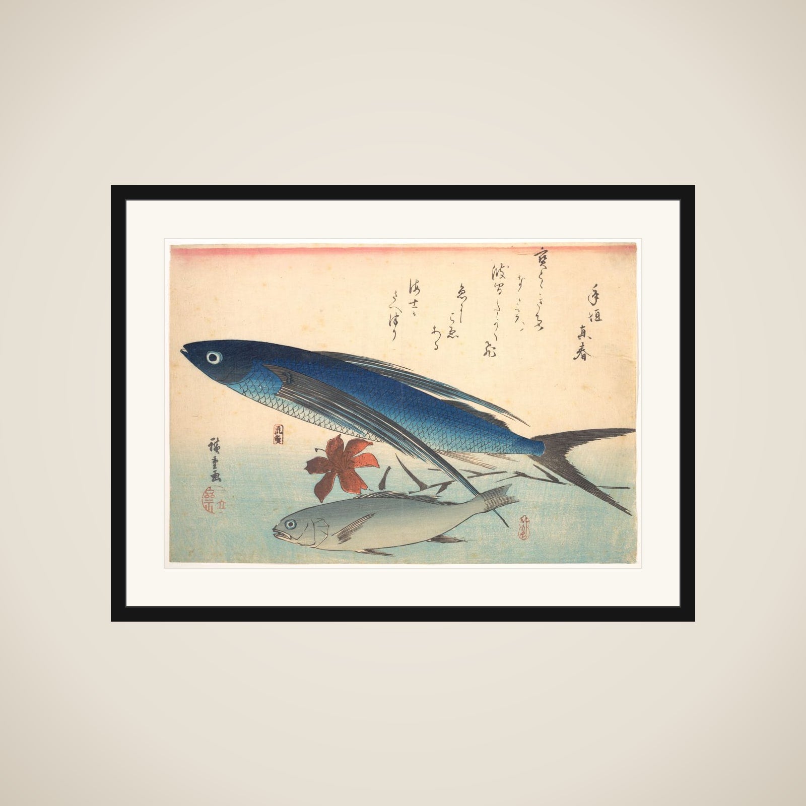 Tobiuo and Ishimochi Fish, from the series Uozukushi (Every Variety of Fish) framed