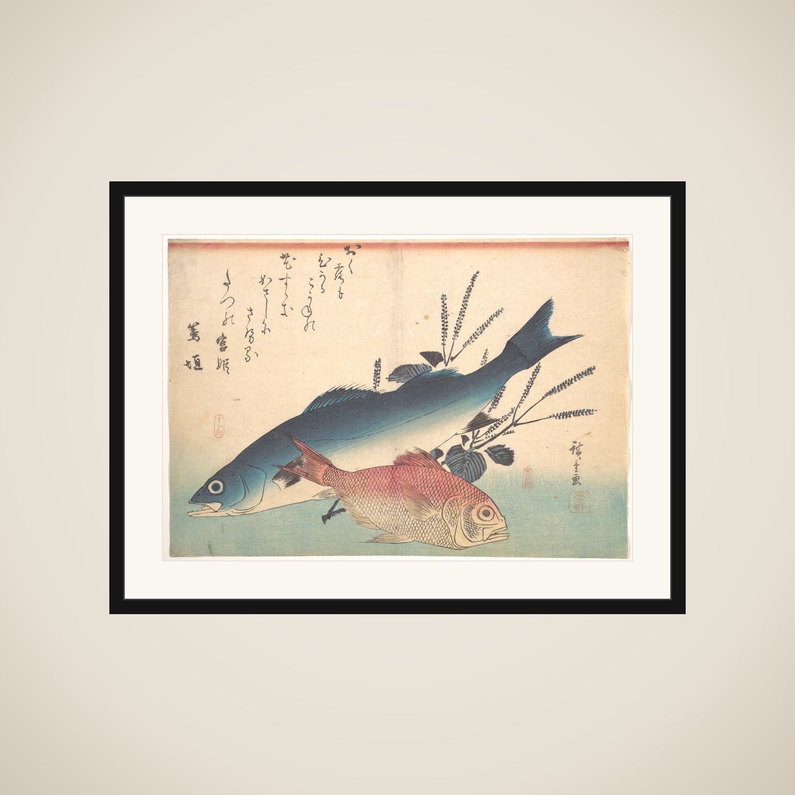 Suzuki and Kinmedai Fish from the series Uozukushi (Every Variety of Fish) framed