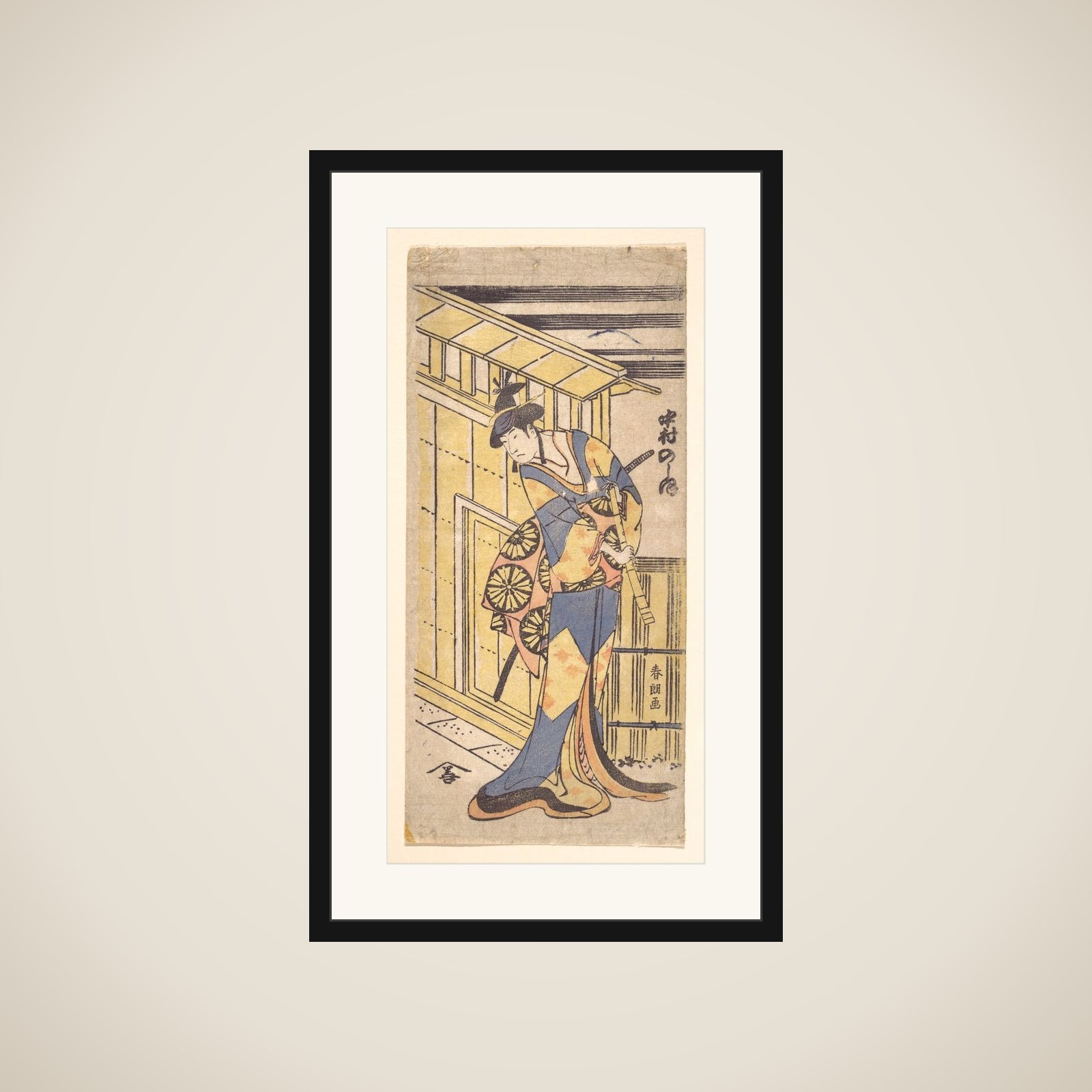The Actor Nakamura Noshio II, in Female Role, Holding a Shakuhachi (Bamboo Flute) framed