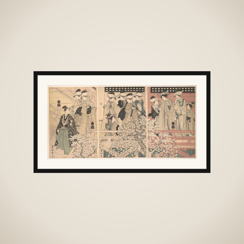 Beauties on a Veranda among Cherry Blossoms from which a Samurai is Departing framed