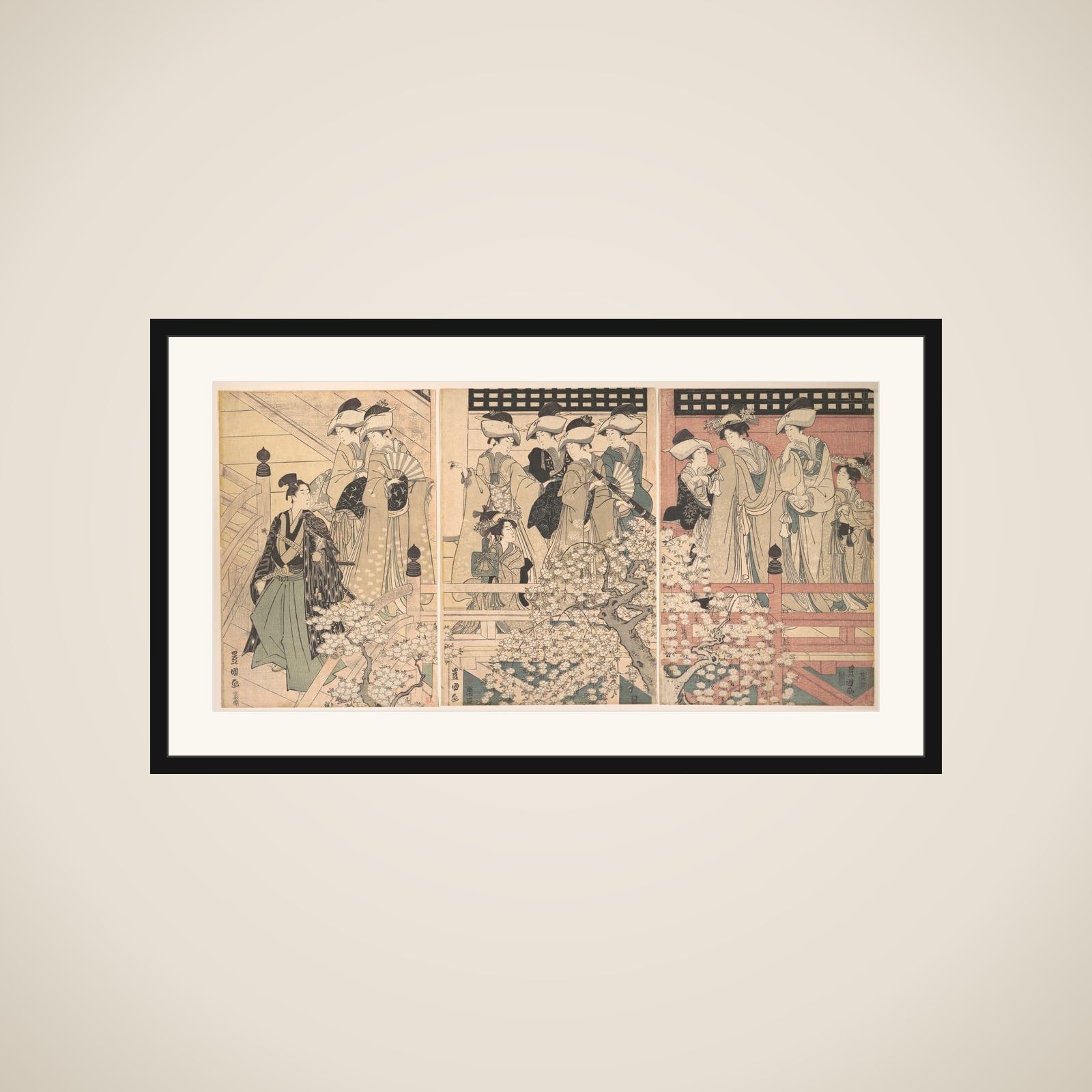 Beauties on a Veranda among Cherry Blossoms from which a Samurai is Departing framed
