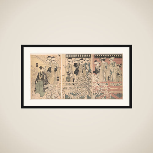 Beauties on a Veranda among Cherry Blossoms from which a Samurai is Departing framed