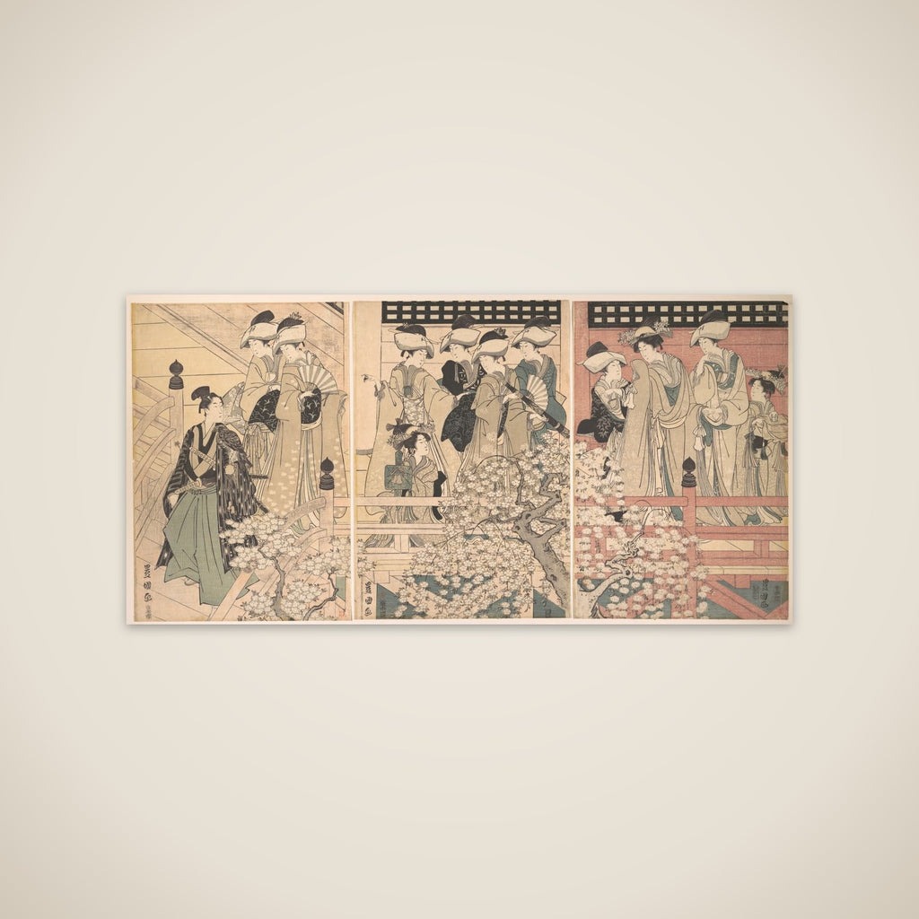 Beauties on a Veranda among Cherry Blossoms from which a Samurai is Departing unframed print