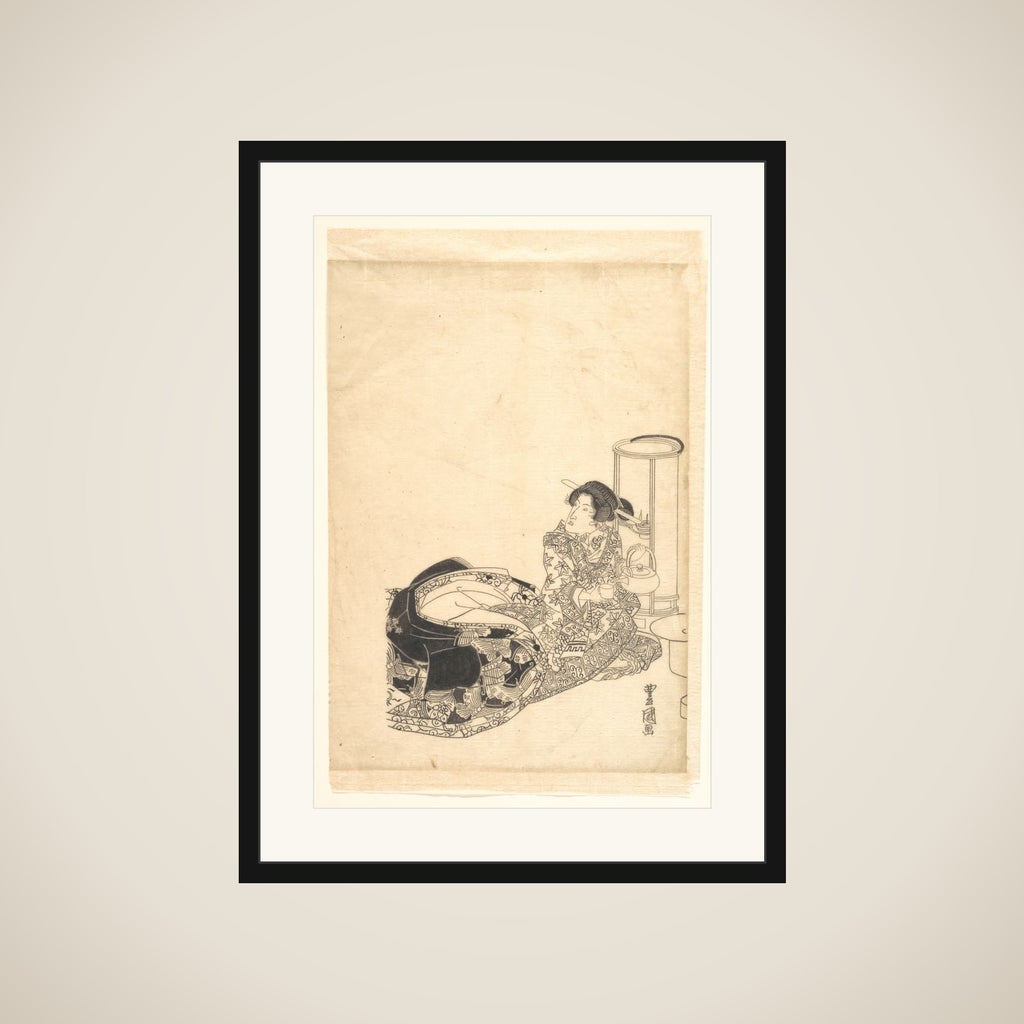 Courtesan or Actor as Courtesan Pouring Tea by the Light of a Lantern framed