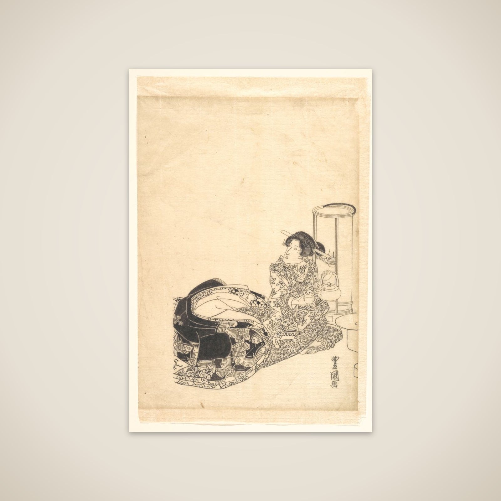 Courtesan or Actor as Courtesan Pouring Tea by the Light of a Lantern unframed print