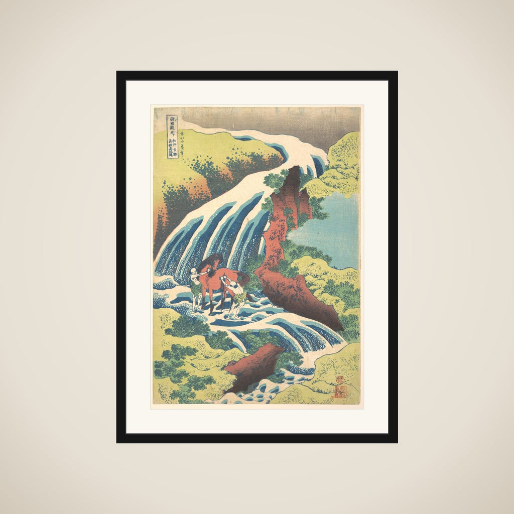 “The Waterfall Where Yoshitsune Washed His Horse at Yoshino in Yamato Province,” from the series A Tour of Waterfalls in Various Provinces framed
