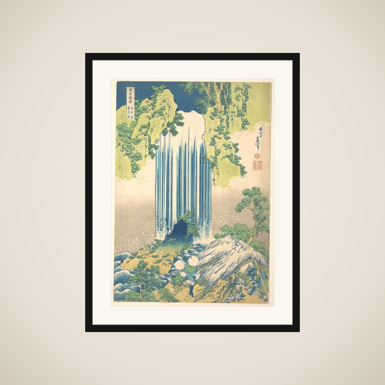 Yōrō Waterfall in Mino Province (Mino no Yōrō no taki), from the series A Tour of Waterfalls in Various Provinces (Shokoku taki meguri) framed
