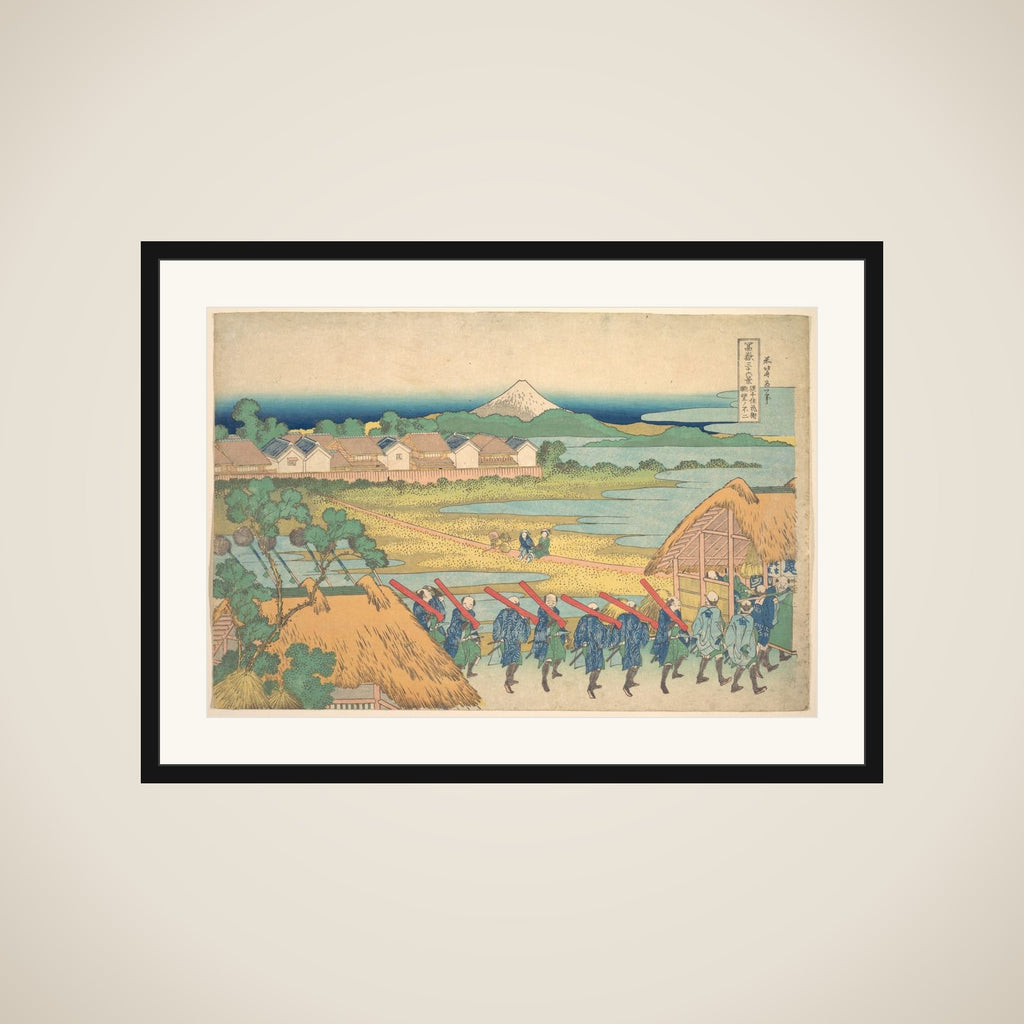 Fuji Seen in the Distance from Senju Pleasure Quarter (Senju kagai yori chōbō no Fuji), from the series Thirty-six Views of Mount Fuji (Fugaku sanjūrokkei) framed