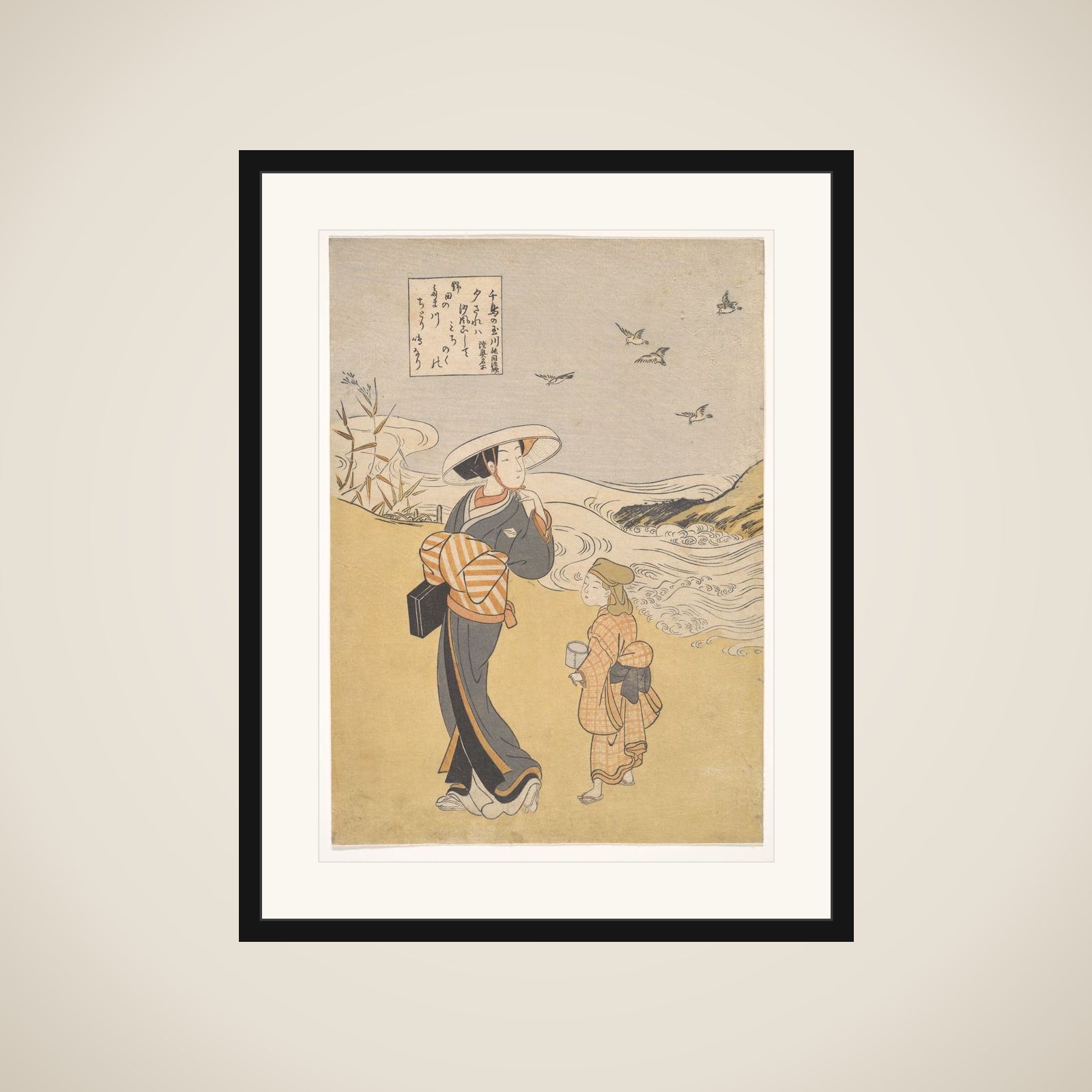 “The Jewel River of Plovers, a Famous Place in Mutsu Province,” from the series Six Jewel Rivers (Mu Tamagawa: Chidori no Tamagawa, Mutsu meisho) framed