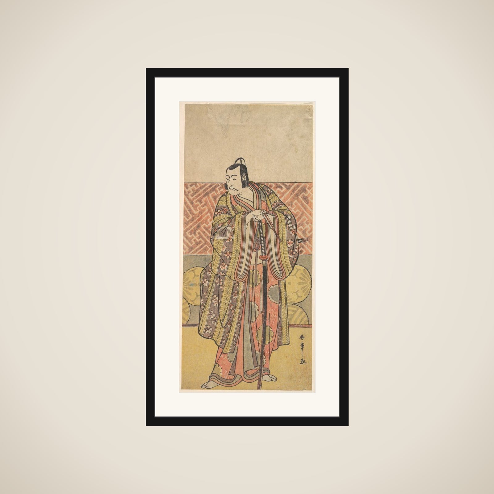 Ichikawa Danjuro V as Kudo Suketsune, Richly Attired, Leaning on His Sword framed