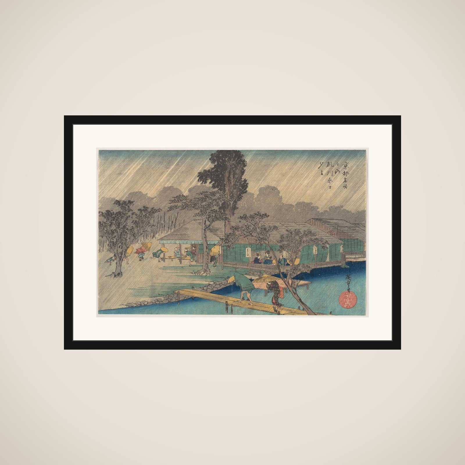Tea-houses on the Bank of the Tadasu River in a Shower framed