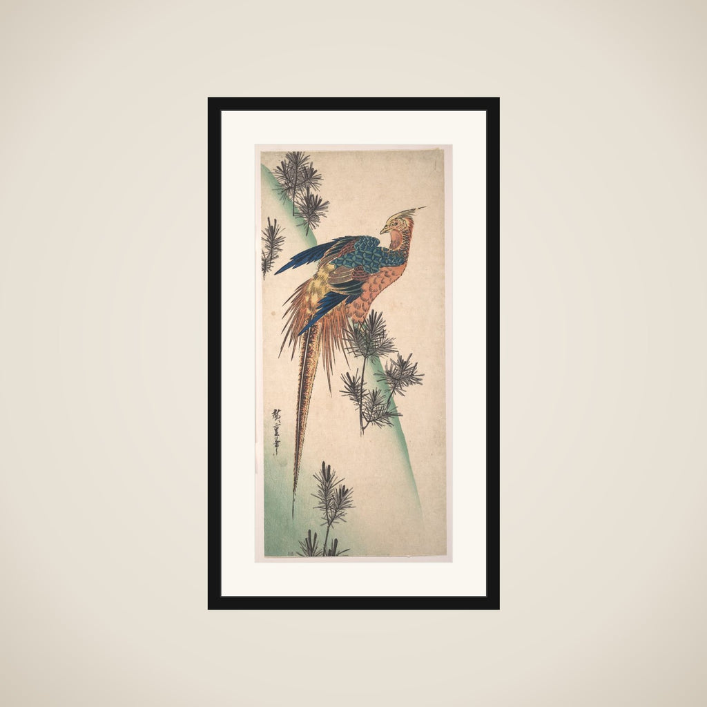 Pheasant and Pine-trees on Snowy Hillside framed