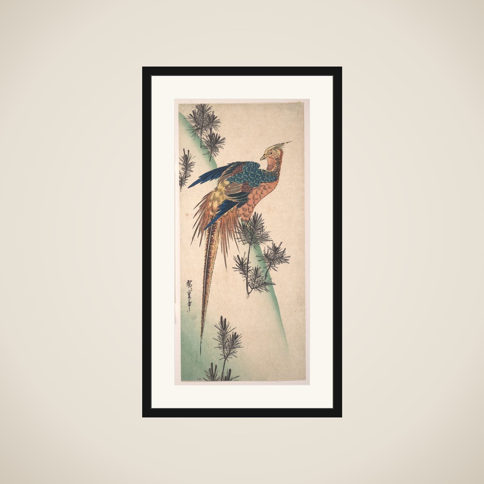 Pheasant and Pine-trees on Snowy Hillside framed