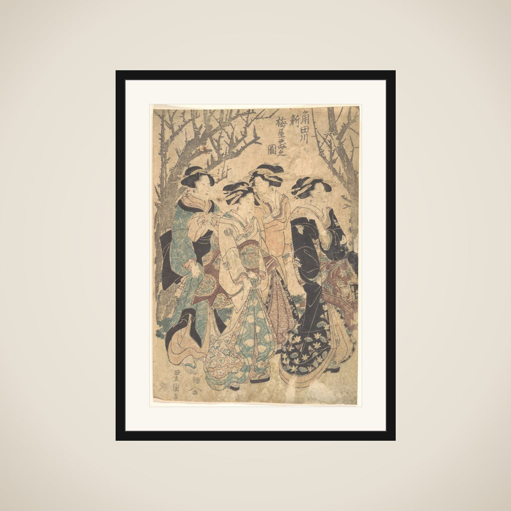 Four Women Passing a Group of Trees framed