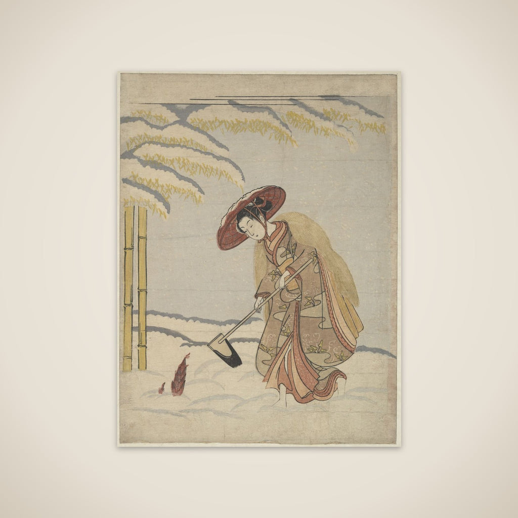 Woman Digging Bamboo Shoots in the Snow, or Parody of Meng Zong (Mōsō), from Twenty-Four Paragons of Filial Piety unframed print