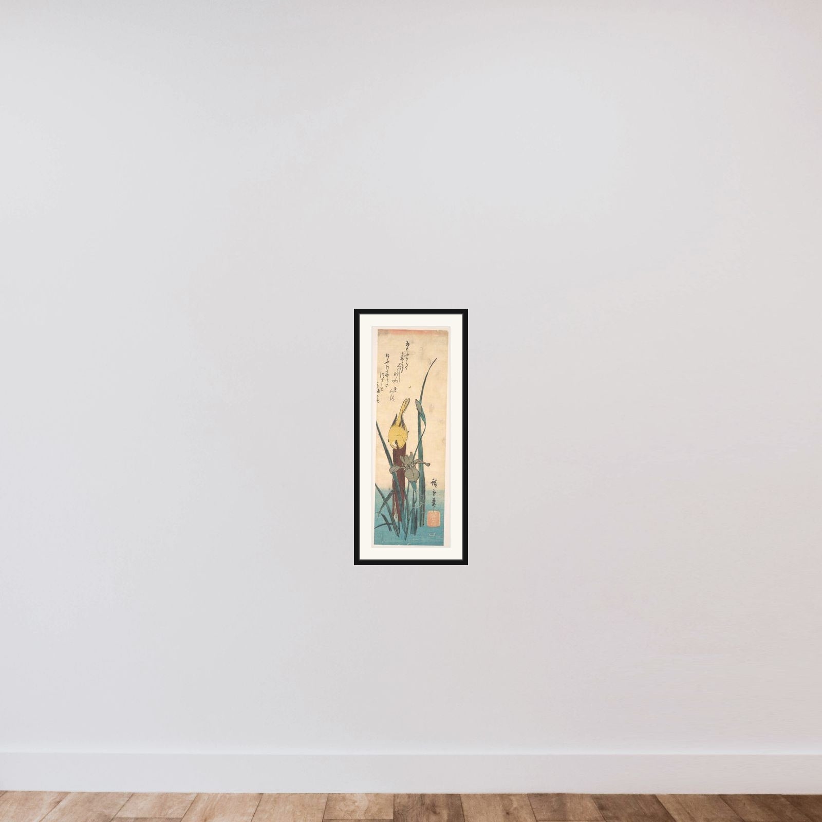 Bird and Iris framed — shown to scale