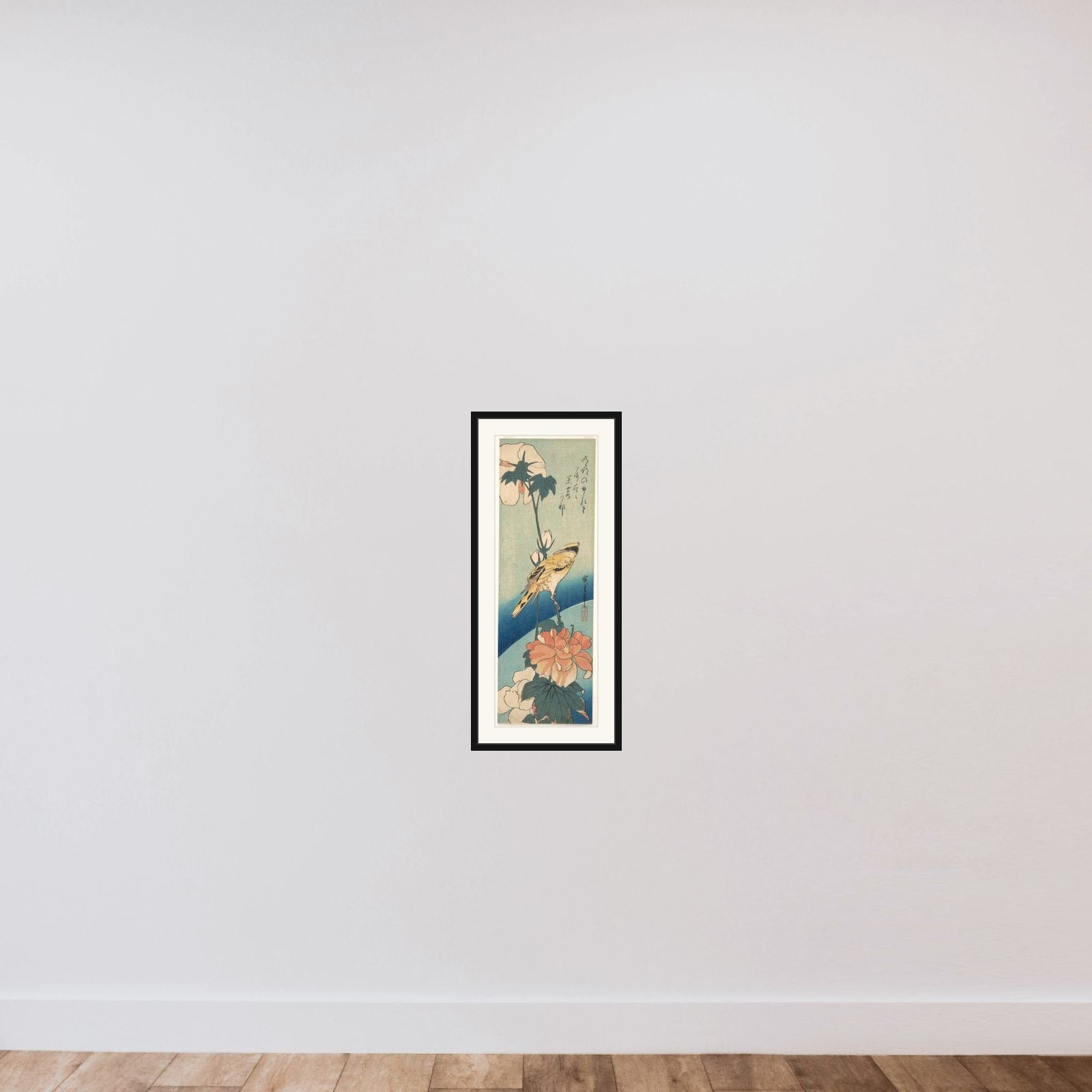 A Black-Naped Oriole on a Stem of Rose Mallow framed — shown to scale