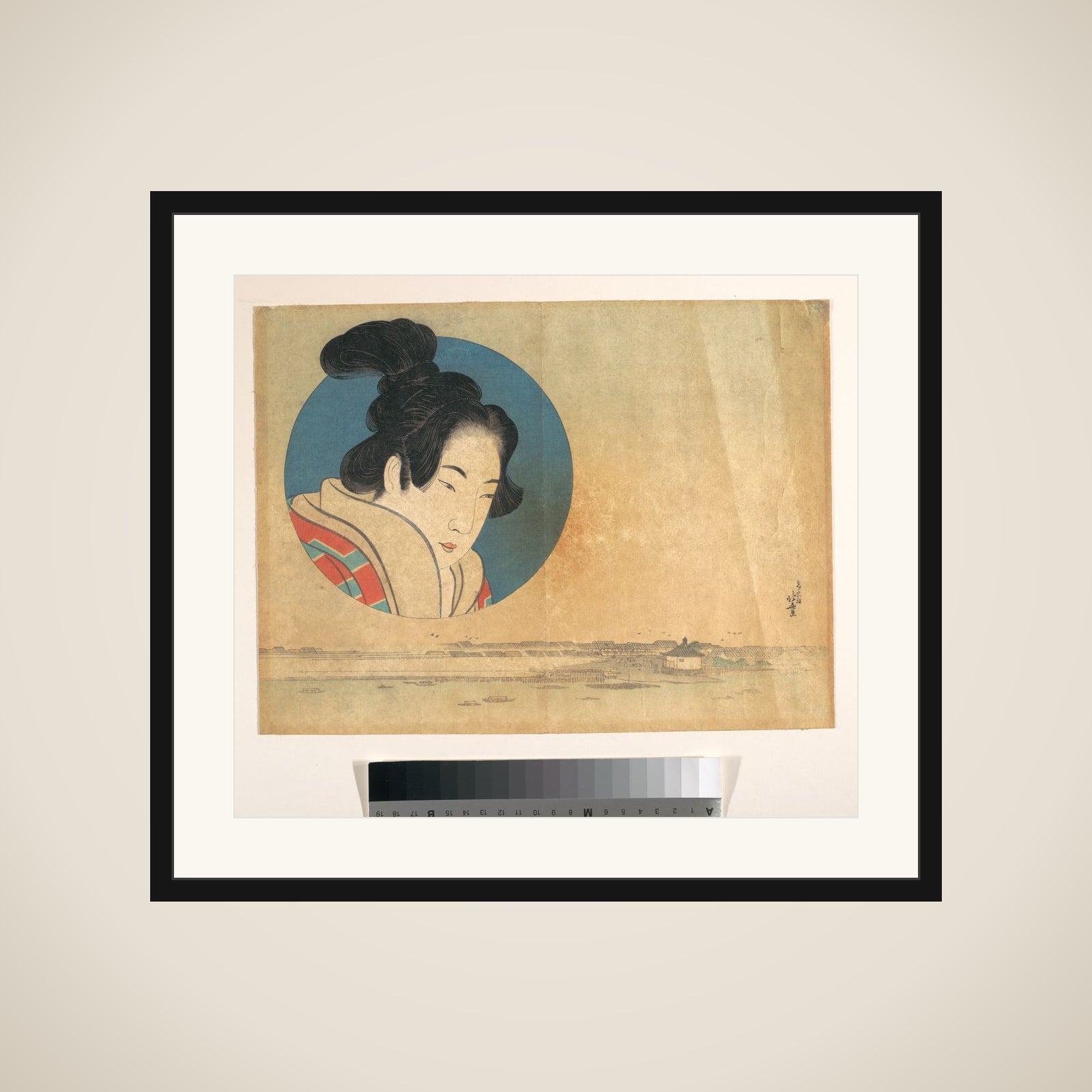 Portrait of a Woman in Large Circle with Landscape Below framed