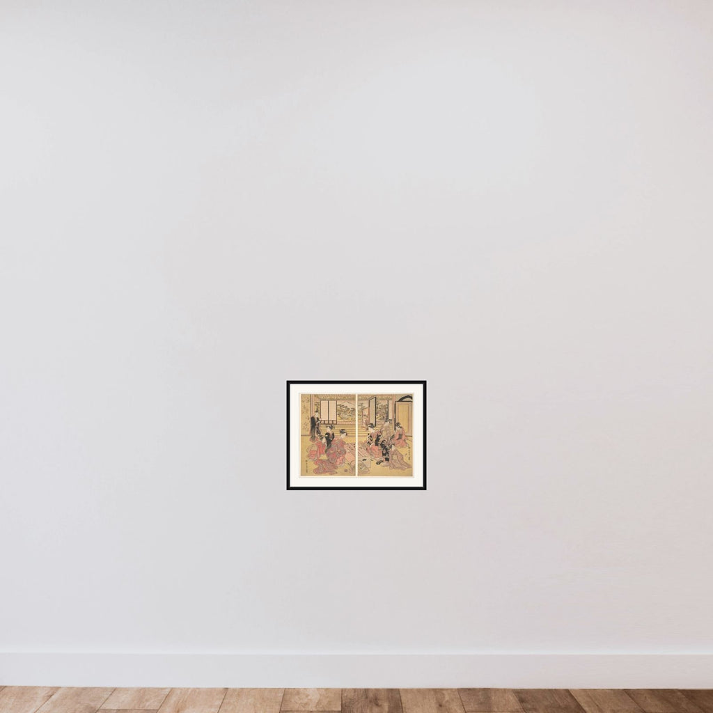 Two Young Women Playing a Game of Sugoroku framed — shown to scale