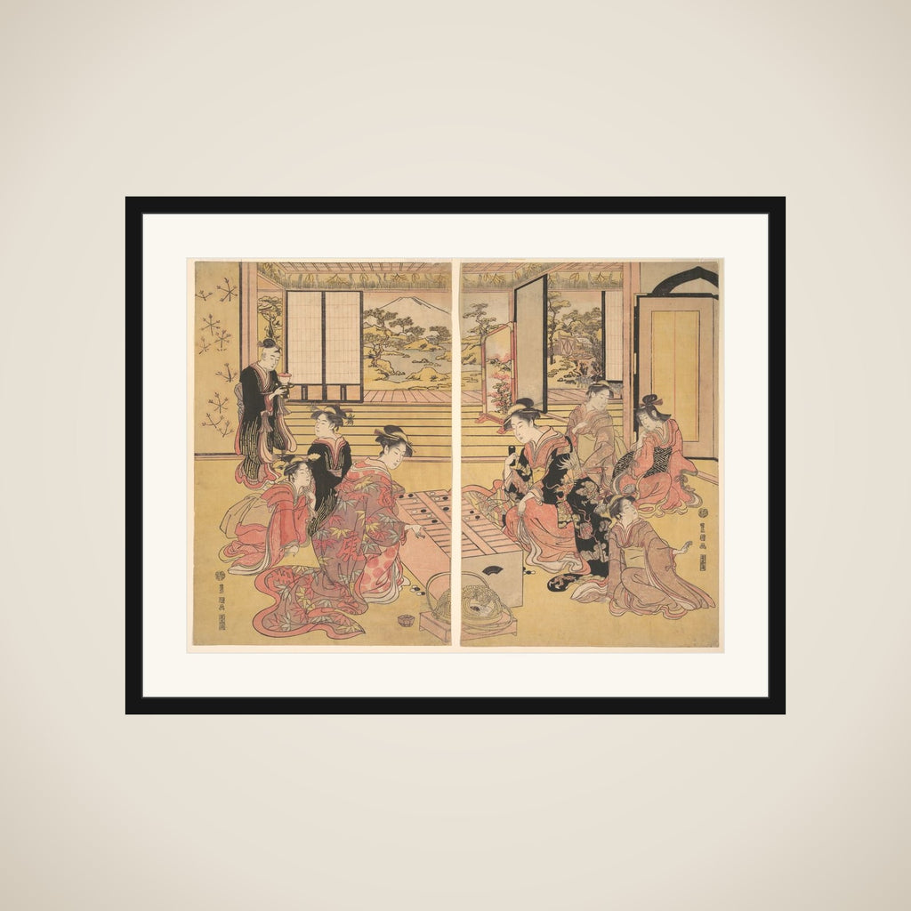 Two Young Women Playing a Game of Sugoroku framed