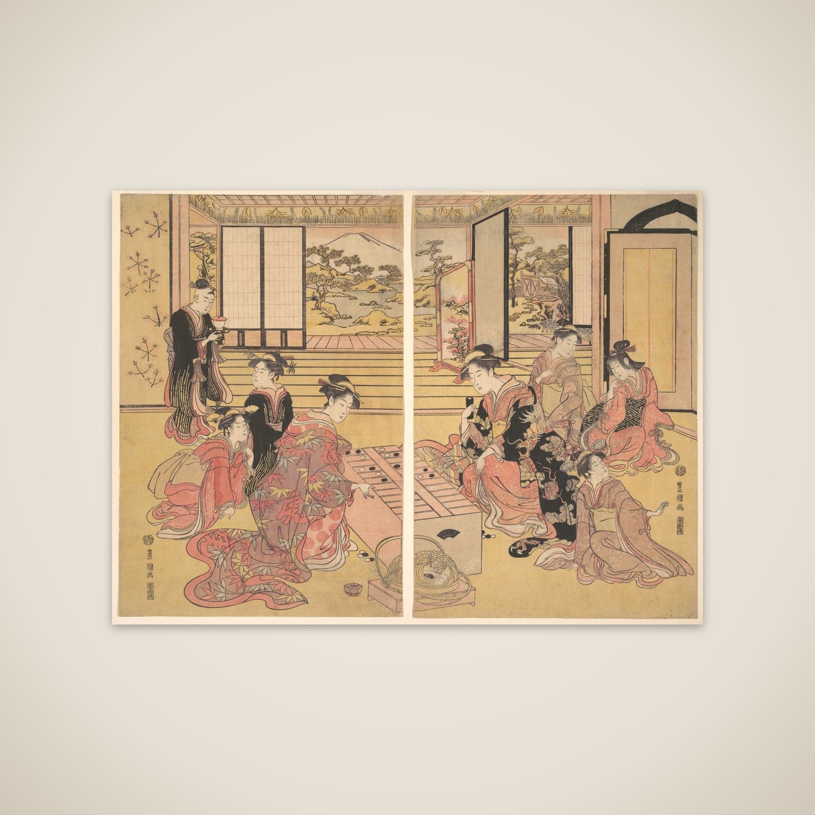 Two Young Women Playing a Game of Sugoroku unframed print