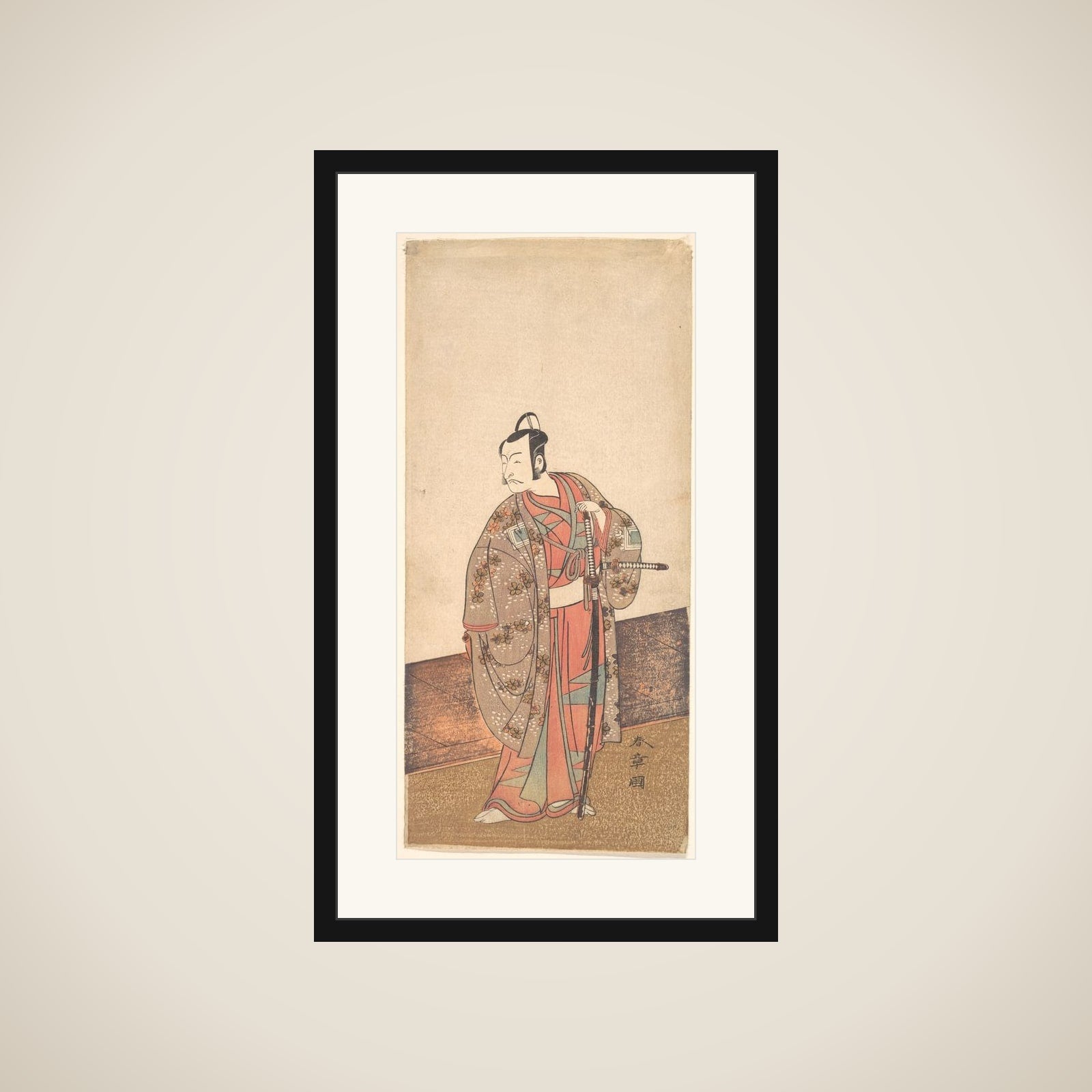 The Actor Ichikawa Danjuro V standing inside of a house and in front of an engawa framed