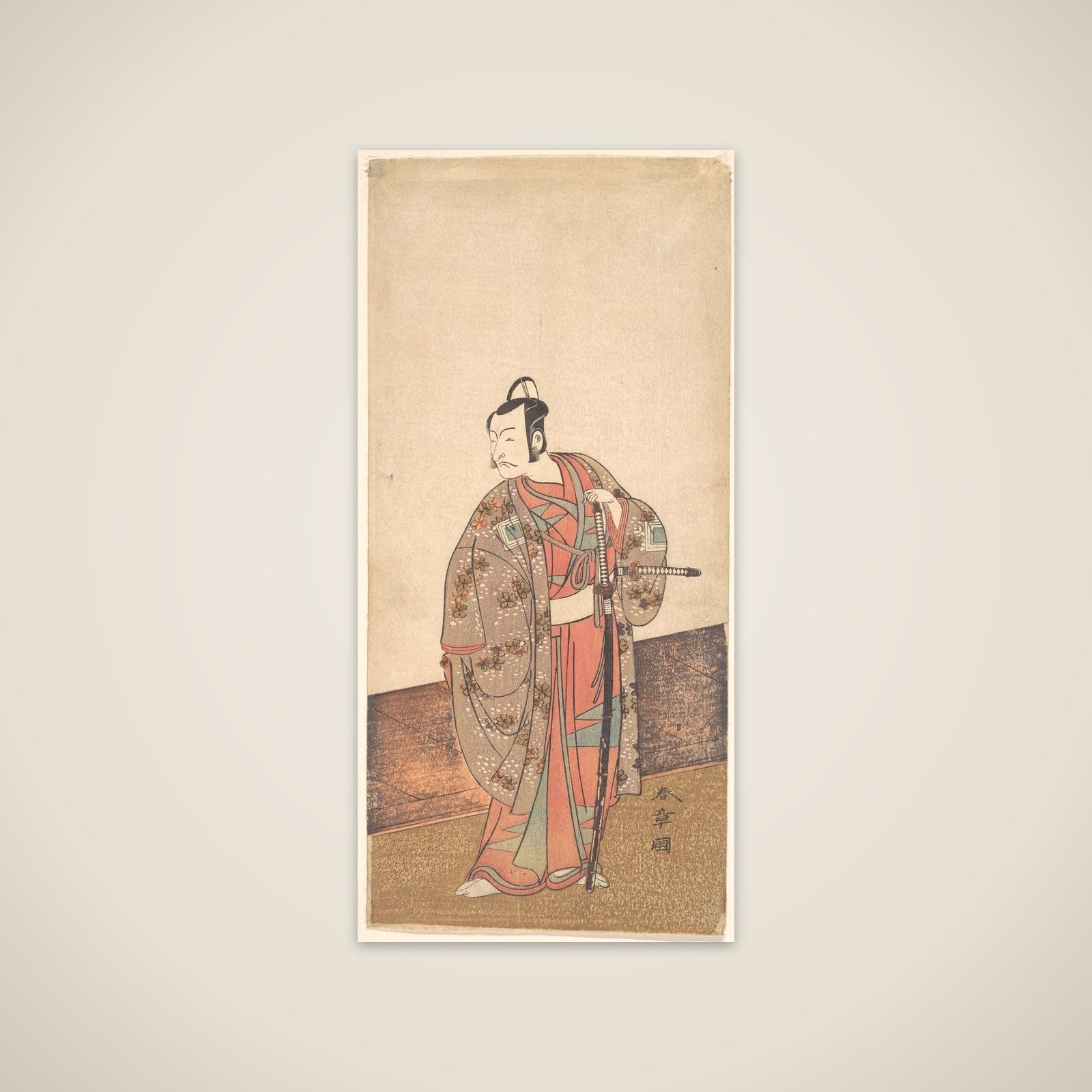 The Actor Ichikawa Danjuro V standing inside of a house and in front of an engawa unframed print