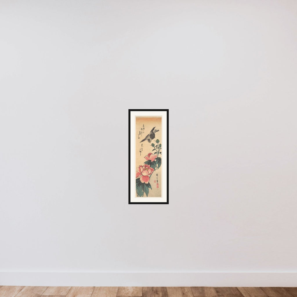 Sparrow and Hibiscus framed — shown to scale