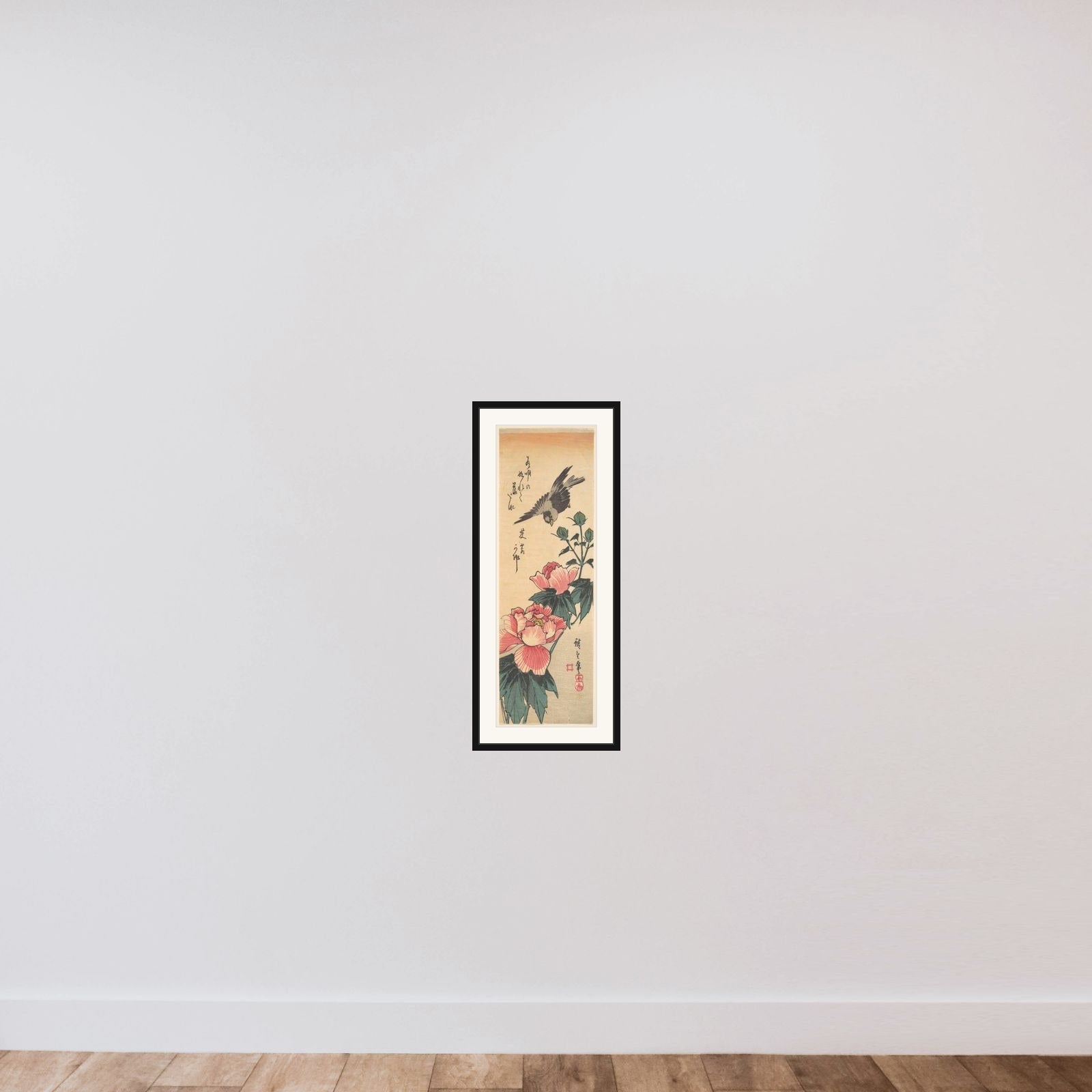 Sparrow and Hibiscus framed — shown to scale