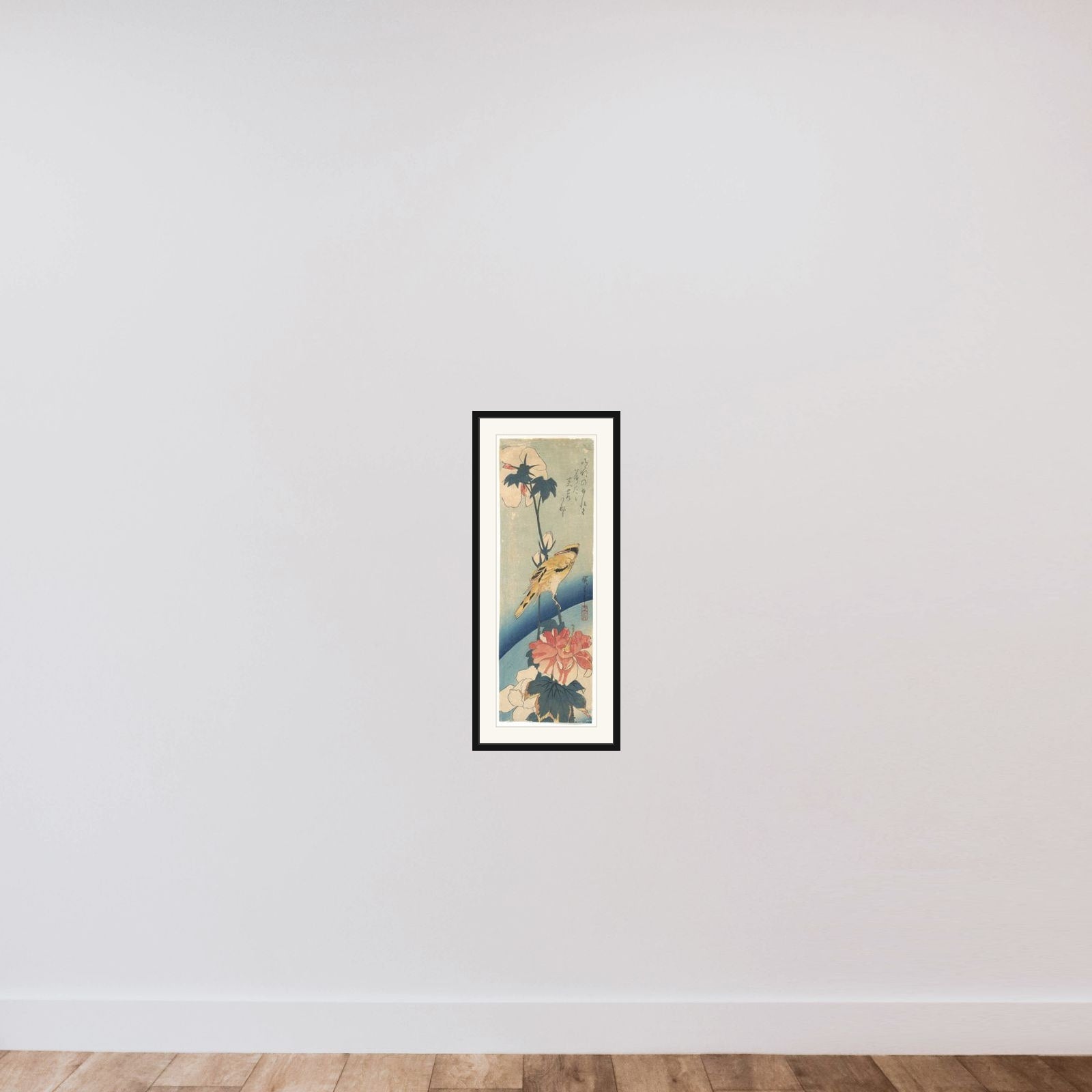 Crested Yellow Bird and Hibiscus framed — shown to scale