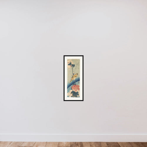 Crested Yellow Bird and Hibiscus framed — shown to scale