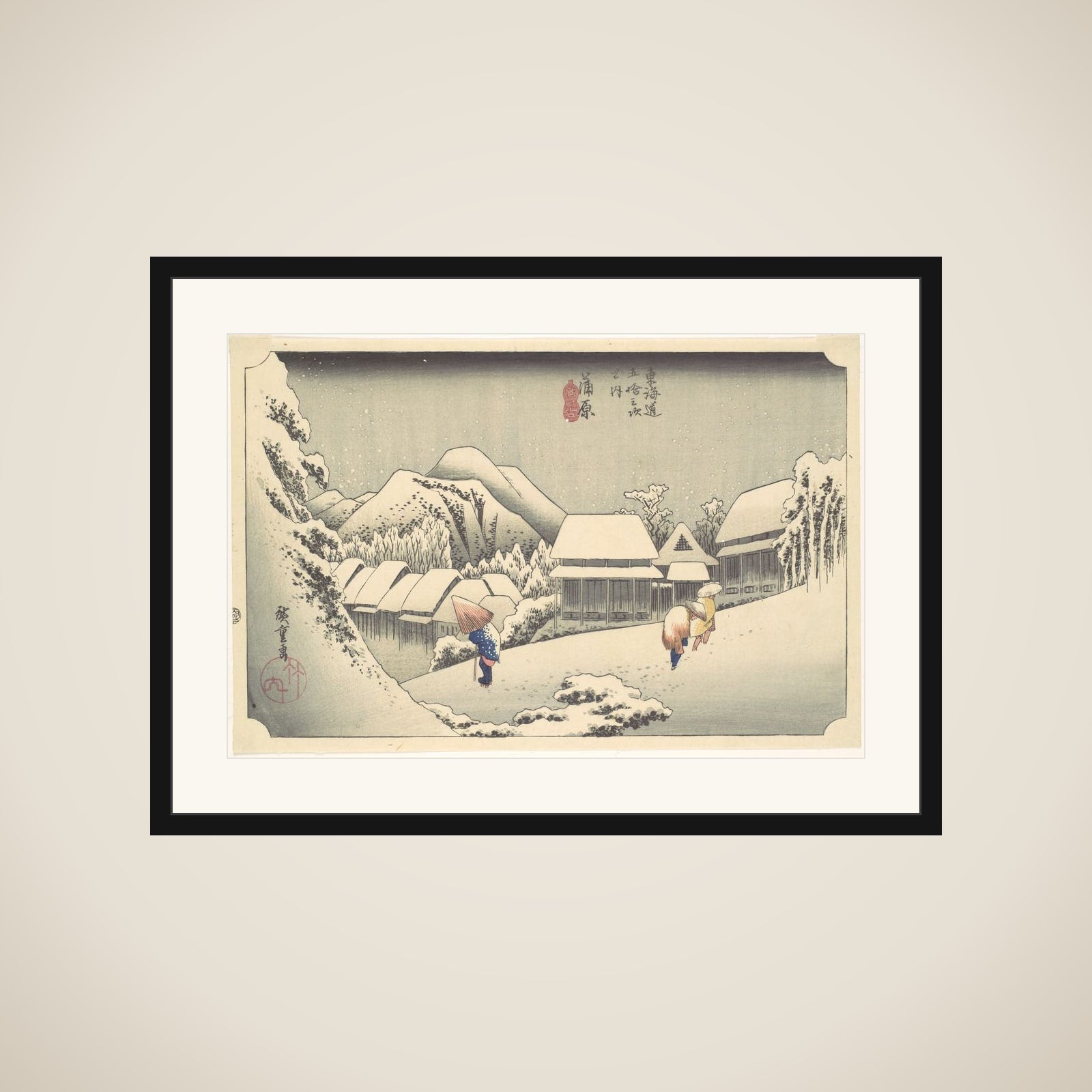 Evening Snow at Kanbara, from the series "Fifty-three Stations of the Tōkaidō" framed