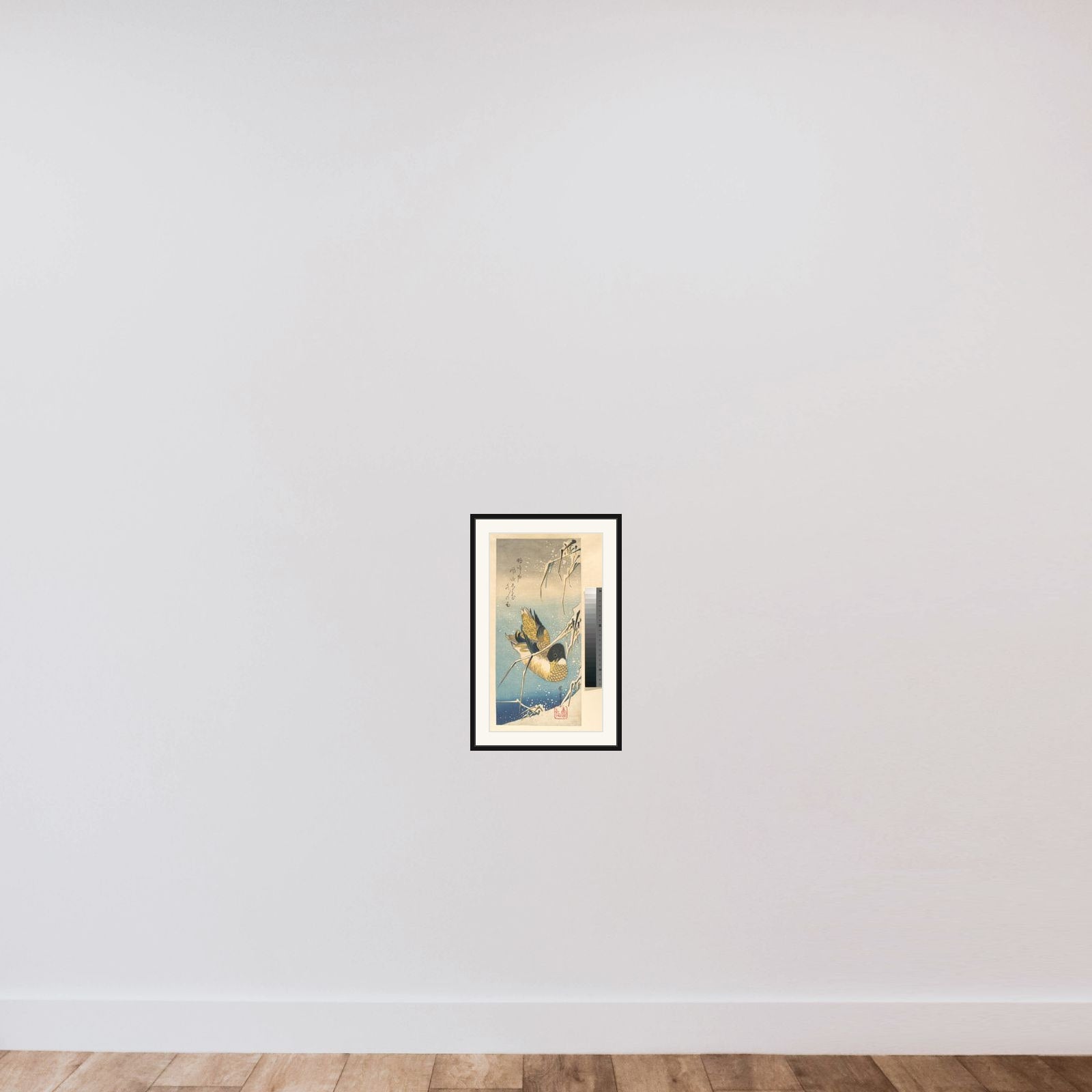 Mallard Duck and Snow-covered Reeds framed — shown to scale