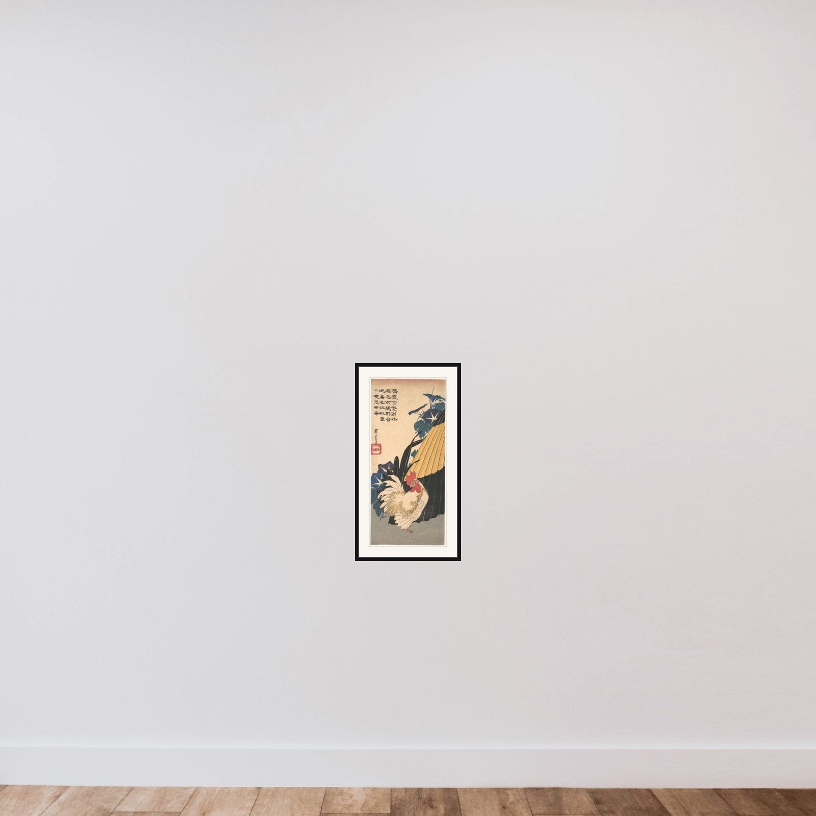 Rooster, Umbrella, and Morning Glories framed — shown to scale