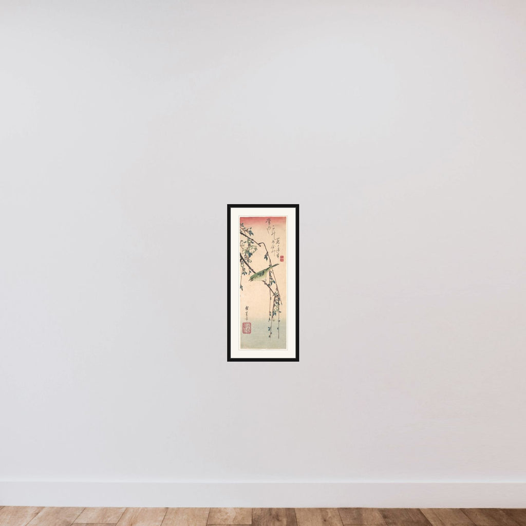 Warbler on a Plum Branch framed — shown to scale