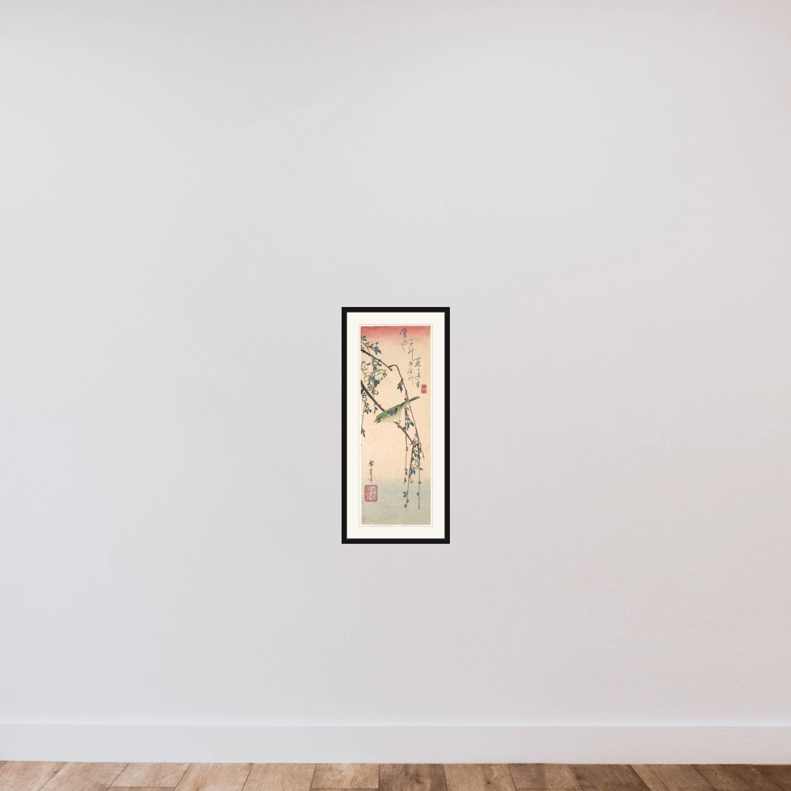 Warbler on a Plum Branch framed — shown to scale