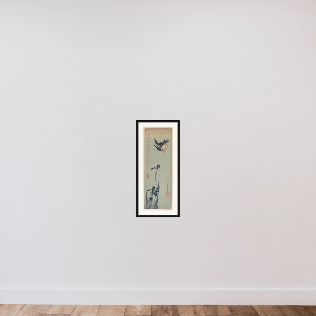 Kingfisher and Irises framed — shown to scale
