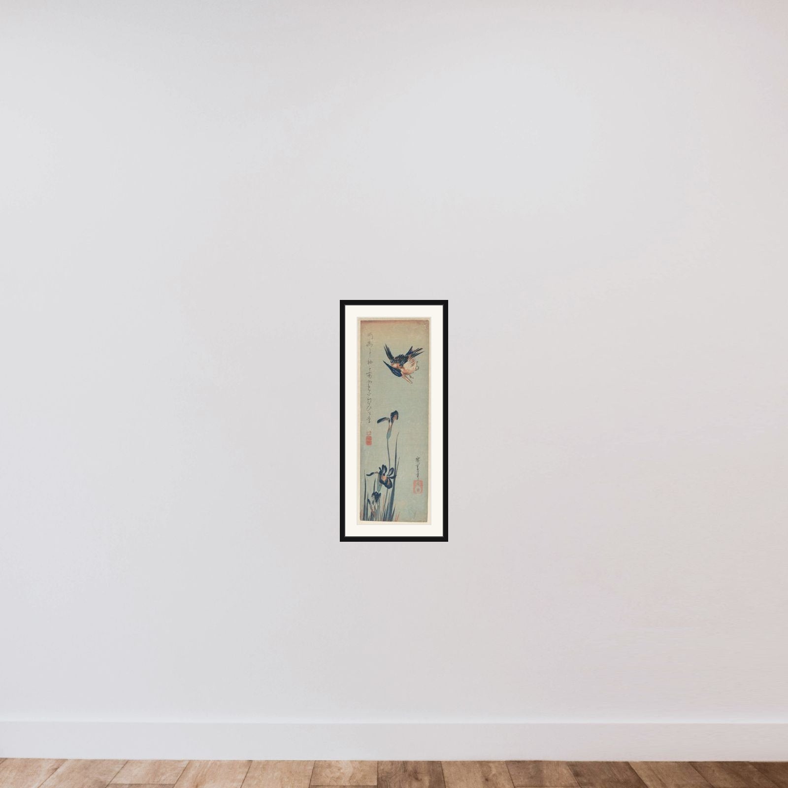 Kingfisher and Irises framed — shown to scale