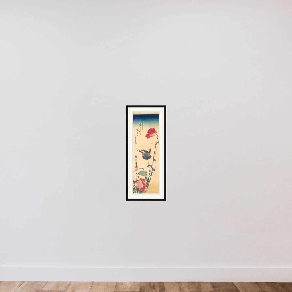 A Bluebird and Poppies framed — shown to scale