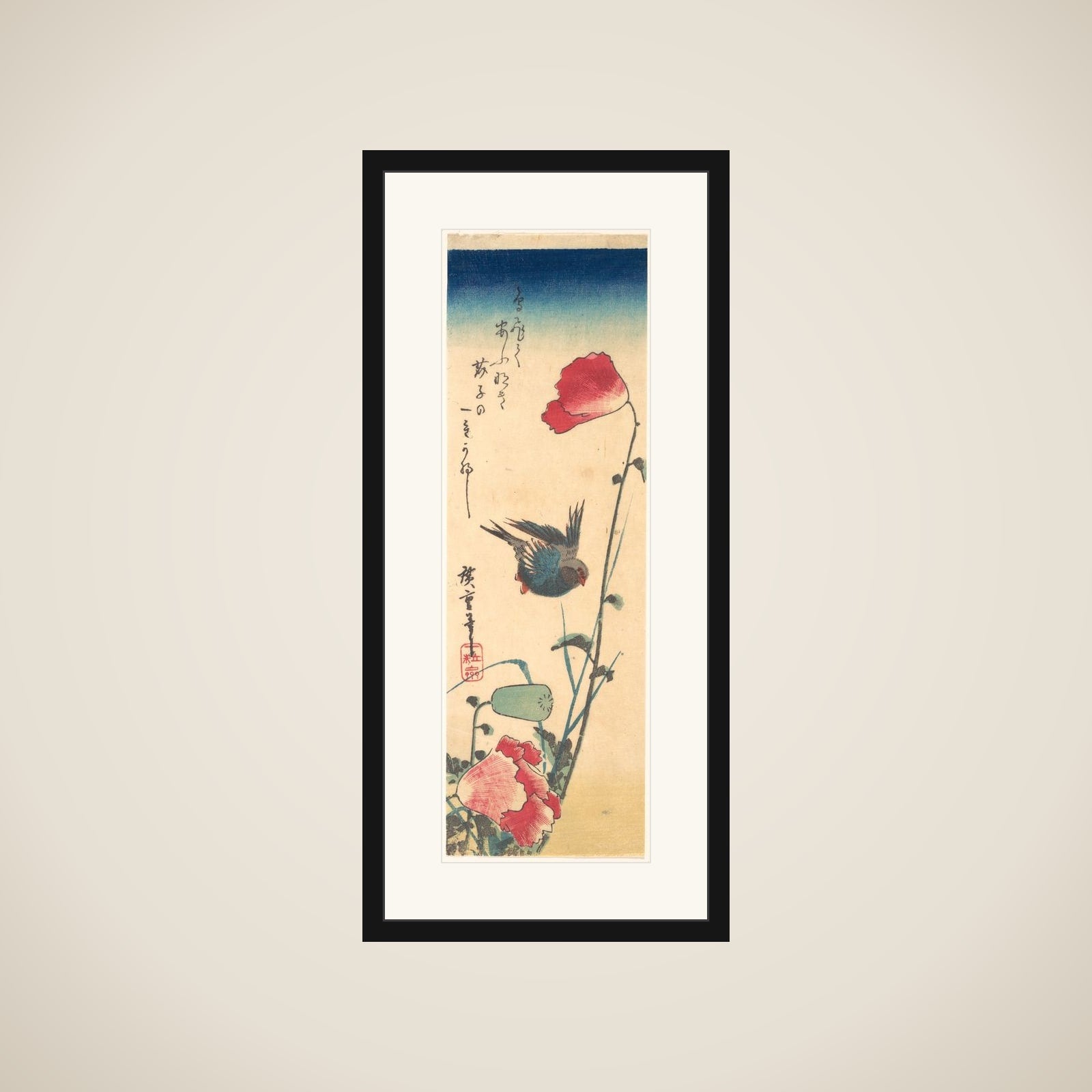 A Bluebird and Poppies framed