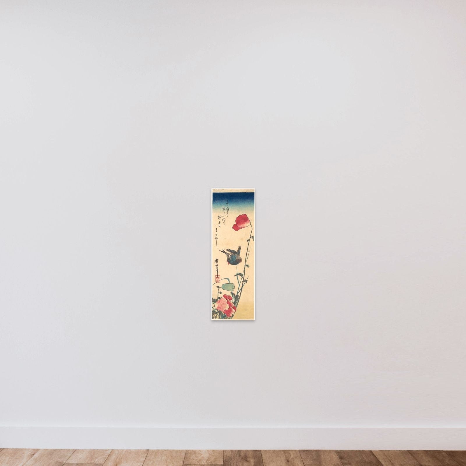 A Bluebird and Poppies unframed — shown to scale