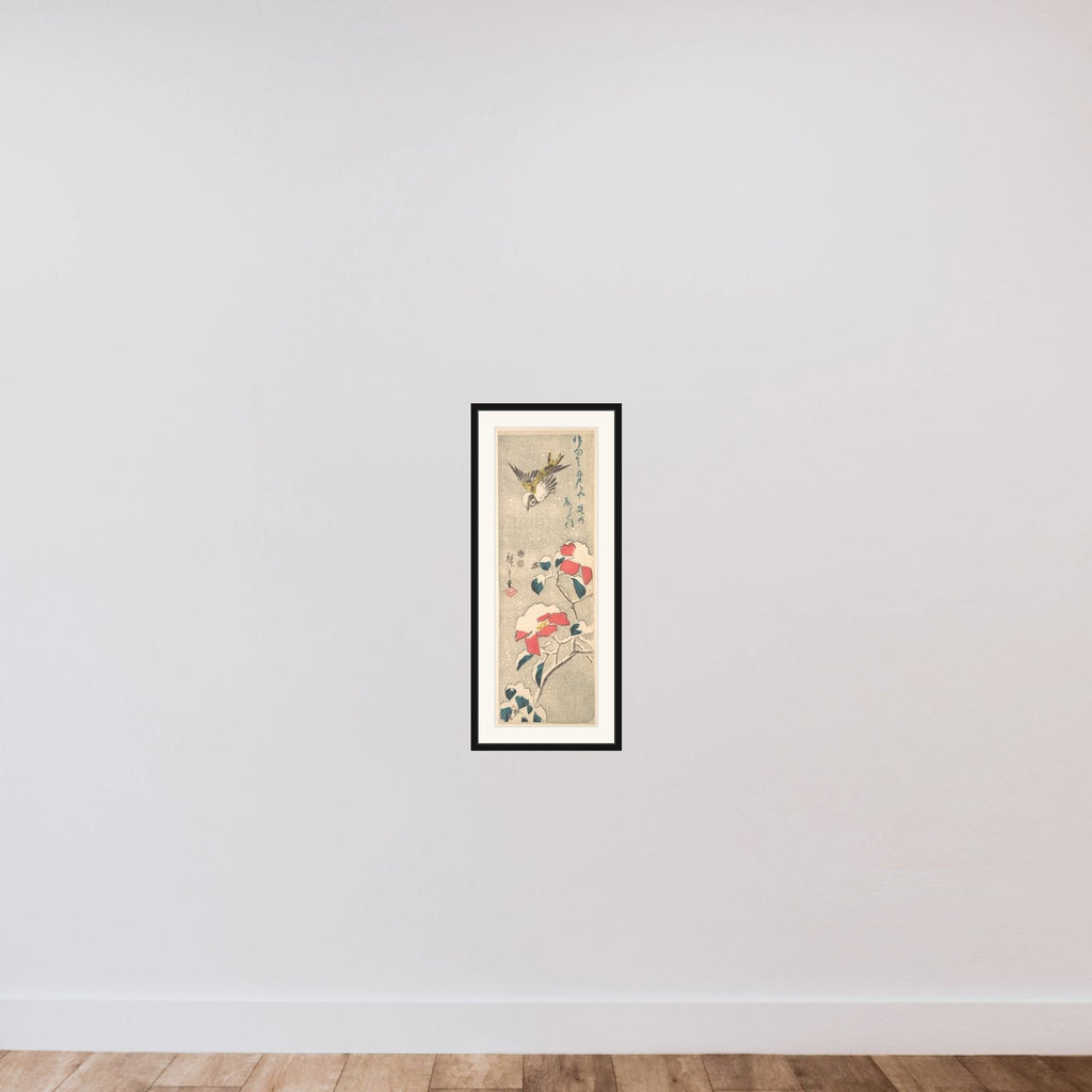 Sparrow and Snow-covered Camellia (Tsubaki) framed — shown to scale