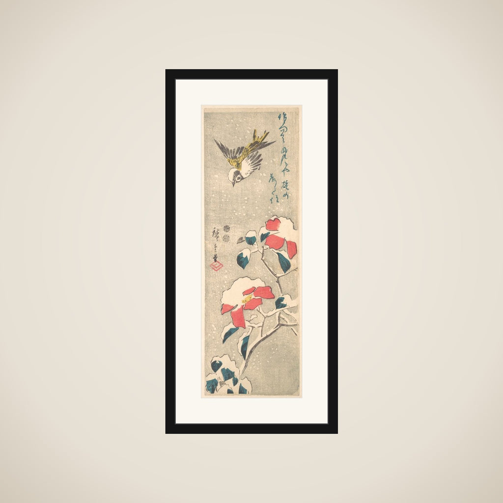 Sparrow and Snow-covered Camellia (Tsubaki) framed